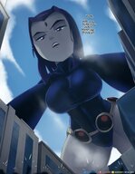 gentle giantess city mega large_breasts purple_hair raven teen_titans belt leotard crowds dialogue dc_comics lewdssonk