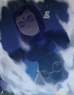 growth giantess giga mega large_breasts purple_hair raven teen_titans mountains cloud belt leotard annoyed dc_comics night_sky lewdssonk