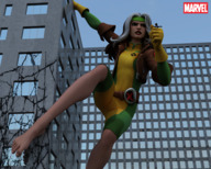breasts giantess white_hair city mega large_breasts destruction barefoot buildings green_eyes climbing angry brunette gloves jacket costume belt headband x-men digital_render kitty_pryde marvel_comics rogue_(x-men) hair_streak pandatomi77