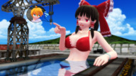 breasts giantess feet swimsuit brunette pool shrunken_man crane reimu_hakurei digital_render midriffmanager