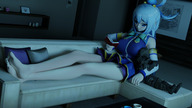 gentle feet blue_eyes blue_hair knight mini_giantess legs sofa book dark_souls digital_render konosuba aqua jinx-xyz