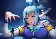 breasts drawing giantess small_man blue_eyes blue_hair lying_down nail_polish konosuba aqua somiko