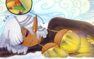 breasts drawing giantess white_hair blushing wings sleeping fairy tiny smiling elf between_breasts majoumegami