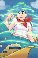 breasts drawing growth giantess mega color destruction blue_eyes cleavage buildings butt_crush blue_hair outgrowing_building dbz sitting dragon_ball bulma pants palm_tree earrings scarf bulma_briefs bare_midriff sihagen neckerchief