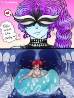 breasts drawing giantess blushing tongue small_woman teeth bra saliva purple_hair mouthplay blue_skin heart in_mouth_view majoumegami