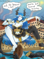 breasts blushing tail mega destruction saliva blue_hair dress boots sitting blue_skin drunk boats majoumegami
