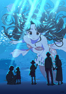 breasts drawing giantess tail mega color long_hair blue_eyes water brunette mermaid underwater bubbles onlookers aquarium scales fish blue_nails looking_at_tinies kojiro337