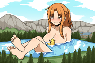 breasts drawing giantess nude blushing mega color large_breasts toes barefoot water red_hair cute mountains lake forest cabin legs_crossed looking_at_tiny rubber_duck inksgirls