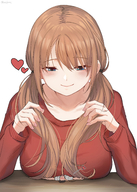breasts drawing gentle giantess small_man blushing blue_eyes brunette smiling twintails cute heart between_breasts kuroihassan