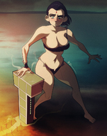 breasts drawing giantess mega color large_breasts blue_eyes clothed barefoot cleavage bra ocean purple_hair island embarrassed raven teen_titans short_hair night ripped_clothing dc_comics bare_legs grey_skin bare_midriff titans_tower exmile