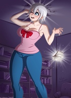 growth giantess white_hair blue_eyes amazon spell fairy_tail book outgrowing_room mai-liddle lisanna_strauss