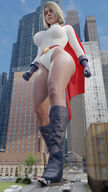 breasts city mega blonde large_breasts destruction blue_eyes rampage buildings gloves street short_hair boots foot_crush vehicles cape belt leotard power_girl digital_render dc_comics bare_legs env_light