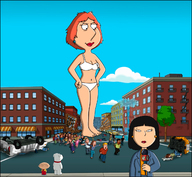 breasts drawing giantess panties city mega color large_breasts destruction lois barefoot rampage cleavage bra buildings asian red_hair parody cartoon family_guy vehicles outdoors milf earrings crowds hands_on_hips running_away lois_griffin attack_of_the_50_foot_woman bare_legs brian_griffin bare_midriff bigchipher66 tricia_takanawa stewie_griffin