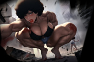 breasts drawing giantess city color large_breasts destruction barefoot rampage cleavage buildings squatting muscles shorts women afro_american looking_at_viewer ureich