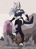 drawing giantess furry giga anthro city color destruction clothed rampage angry shorts hellhound gasmaskfox loona helluva_boss vivziepop