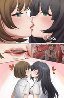 vore black_hair tongue teeth saliva brunette kissing lesbians shrunken_man inside_view school_girls school_boy heart_shape kuroihassan