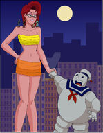 breasts drawing giantess city color cleavage skirt buildings glasses moon red_hair halloween night top new_york_city ripped_clothing hands_on_hips on_shoulder attack_of_the_50_foot_woman bare_legs nightcore100 ghostbusters stay_puft_marshmallow_man makeshift_clothing bare_midriff janine_melnitz