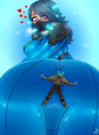 breasts giantess butt butt_crush blue_hair tiny heart suit mask majoumegami