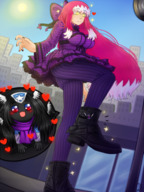 breasts drawing giantess wings city upskirt butt pink_hair dress boots witch cute heart bell multipe_sizes majoumegami