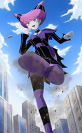 breasts drawing giantess city mega color destruction rampage skirt buildings helicopter stockings socks pink_hair teen_titans dress short_hair foot_crush pink_eyes collar laughing outdoors hairband imminent_crush dc_comics thedaibijin grey_skin jinx_(teen_titans) jinx