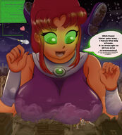 breasts drawing giantess mega alien color large_breasts destruction green_eyes breast_crush teen_titans red_hair starfire boots cute top dialogue glowing_eyes dc_comics orange_skin kd iceoff themissille memes