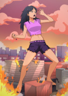 breasts drawing giantess vore city mega black_hair color large_breasts destruction handheld barefoot rampage buildings mandy fire shorts cartoon falling fist clover catsuit totally_spies top belt ripped_clothing dropped alex sam bare_legs bare_midriff mass_vore pandatomi77 confettish-tdm brittney