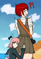 drawing gentle clothed skirt island red_hair mini_giantess surprised hugging sky hoodie danganronpa chiaki_nanami mahiru_koizumi magnaprospekt