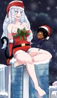 breasts drawing giantess white_hair blushing city mega buildings sitting snow bow santa_costume santa_hat sitting_on_lap