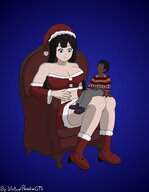 breasts drawing giantess small_man black_hair christmas boots amazon chair santa_costume santa_hat hestia danmachi sitting_on_lap virtualparadisegts