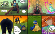 drawing giantess blushing comic black_hair butt shrinking butt_crush knight smiling red_hair dress shrunken_man magic majoumegami