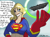 breasts drawing giantess city blonde large_breasts long_hair blue_eyes cleavage smiling gloves supergirl muscles metropolis shrunken_city costume cape top dialogue dc_comics bare_midriff ultra-bra