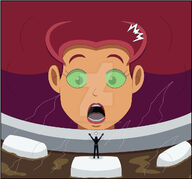 drawing alien black_hair color green_eyes teen_titans gloves red_hair starfire shrunken_man costume belt hot_chocolate looking_at_tiny dc_comics orange_skin nightwing nightcore100 marshmallows