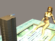 giantess vore mega tongue swimsuit mouth brunette brown_eyes pool shrunken_man diving_board digital_render