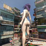 breasts growth nipples giantess nude city buildings purple_hair standing onlookers digital_render jewel vedogon