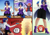 breasts drawing comic glasses shrinking blue_hair red_hair boots surprise shrunken_woman papers shrink_gun test_tube majoumegami