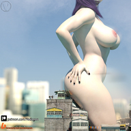 breasts growth nipples giantess nude mega destruction butt_crush purple_hair sitting digital_render vedogon