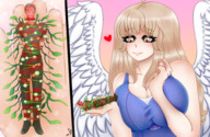 breasts drawing giantess small_man blushing wings angel handheld brunette brown_eyes bondage cute heart lipstick vines majoumegami