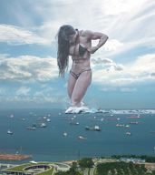 bikini breasts giantess collage giga destruction ocean brunette wonderslug muscles abs looking_down waves boats athletic ships looking_at_victims wading singapore cindy_landolt cinderella_landolt