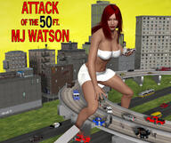 breasts giantess city mega large_breasts long_hair handheld cleavage skirt buildings green_eyes red_hair police bus parody highway vehicles truck straddling nail_polish top running_away hotrod5 attack_of_the_50_foot_woman firetruck digital_render mary_jane bare_legs spider-man marvel_comics bare_midriff