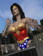 breasts giantess city mega black_hair large_breasts long_hair armor blue_eyes handheld cleavage buildings angry costume wonder_woman belt leotard bracelet tiara looking_at_tiny digital_render dc_comics roodedude criminals
