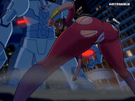 breasts drawing giantess city mega color butt robot buildings brunette underwear camel_toe embarrassed boots fighting mask dark_skin costume ripped_clothing bracelet bending_forward ms_marvel marvel_comics kamala_khan retrogoblin8