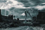 giantess collage nude pussy panties blonde monochrome long_hair butt barefoot desert bending_over giantesses women road looking_at_viewer