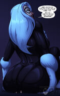 drawing giantess white_hair mega color long_hair butt butt_crush gloves sitting shrunken_man mask costume behind_view jora-bora no_background thief black_cat spider-man marvel_comics felicia_hardy