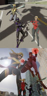 breasts giantess wings city mega blonde comic large_breasts long_hair butt armor buildings brunette gloves ponytail boots giantesses mask avengers magic costume cape leotard tiara helmet looking_at_tiny digital_render janet_van_dyne cassie_lang stature ms_marvel marvel_comics scarlet_witch the_wasp stinger a0040pc carol_danvers ci0