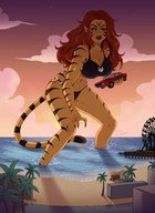 bikini breasts drawing giantess furry tail city mega color large_breasts long_hair claws handheld cleavage ocean buildings green_eyes hawkeye fur parody cat_girl vehicles avengers palm_tree stripes ferris_wheel pier stars tigra orange_hair wading twilight santa_monica attack_of_the_50_foot_woman pointed_ears orange_skin bare_legs marvel_comics bare_midriff west_coast_avengers ameliaafterdark