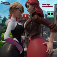 breasts giantess mega blonde long_hair butt blue_eyes buildings green_eyes red_hair giantesses outdoors jacket costume dialogue hands_on_hips hood zipper thick_thighs digital_render gwen_stacy mary_jane spider-man spider-woman marvel_comics spider-gwen between_breasts peter_parker hands_on_butt mrglazed