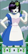 breasts drawing giantess mega black_hair color large_breasts purple_eyes castle green_hair dress costume alice_in_wonderland hair_bow white_skin pinched looking_at_tiny dc_comics shrinking_violet nightcore100 legion_of_superheroes flower_in_hair alice hair_streak emerald_empress