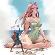 horns blonde long_hair swimsuit beach barefoot ocean mini_giantess sitting painting bones flowers marc_brunet