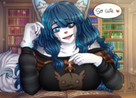 gentle color blue_eyes clothed blue_hair smiling story ears shrunken_man book library breasts_on_table majoumegami