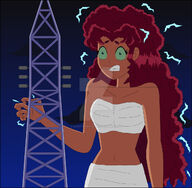 breasts drawing giantess mega alien color large_breasts cleavage bra skirt green_eyes teen_titans red_hair starfire top shock attack_of_the_50_foot_woman electricity dc_comics orange_skin nightcore100 makeshift_clothing bare_midriff electric_pylon